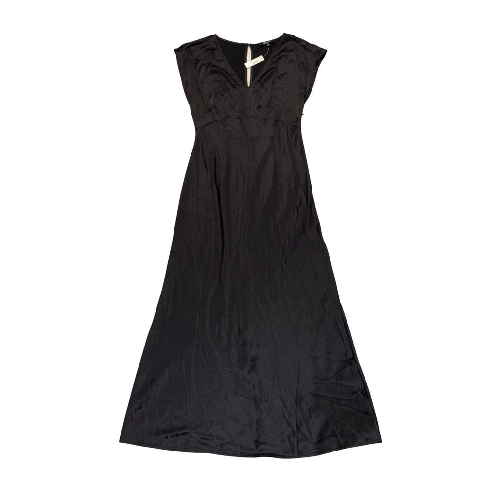 NWT Madewell V-Neck Satin Cap Sleeve Midi Dress Black Size 2 Classic Minimalist - Picture 2 of 10